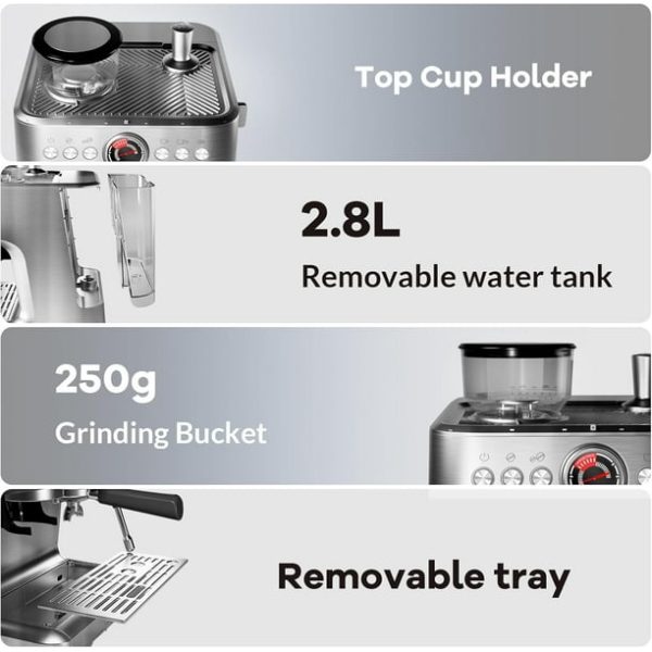 20 Bar Espresso Machine, Espresso Maker with Grinder and Milk Frother Steam Wand, Professional Coffee Machine with 96 Oz Removable Water Tank for Cappuccino Latte, Silver