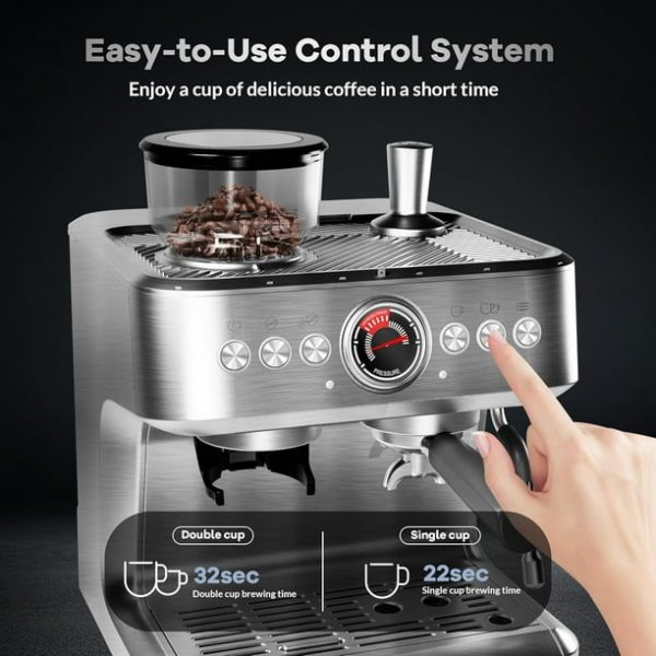 20 Bar Espresso Machine, Espresso Maker with Grinder and Milk Frother Steam Wand, Professional Coffee Machine with 96 Oz Removable Water Tank for Cappuccino Latte, Silver