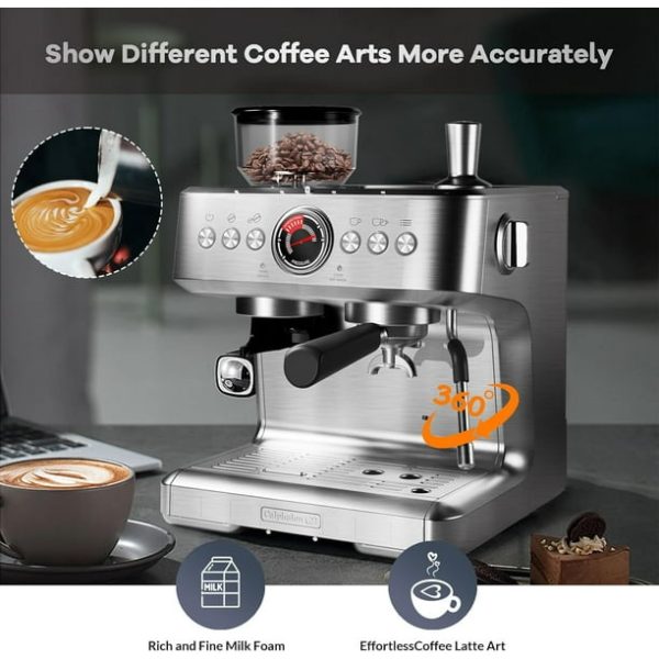 20 Bar Espresso Machine, Espresso Maker with Grinder and Milk Frother Steam Wand, Professional Coffee Machine with 96 Oz Removable Water Tank for Cappuccino Latte, Silver