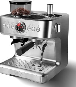 20 Bar Espresso Machine, Espresso Maker with Grinder and Milk Frother Steam Wand, Professional Coffee Machine with 96 Oz Removable Water Tank for Cappuccino Latte, Silver