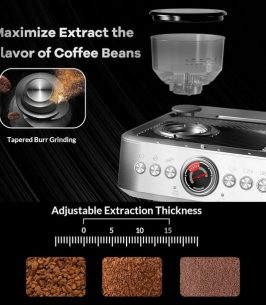 20 Bar Espresso Machine, Espresso Maker with Grinder and Milk Frother Steam Wand, Professional Coffee Machine with 96 Oz Removable Water Tank for Cappuccino Latte, Silver