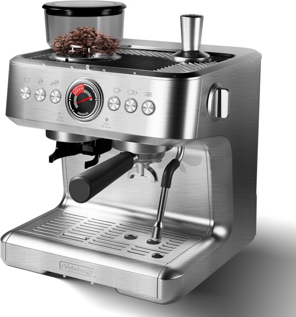 20 Bar Espresso Machine, Espresso Maker with Grinder and Milk Frother Steam Wand, Professional Coffee Machine with 96 Oz Removable Water Tank for Cappuccino Latte, Silver