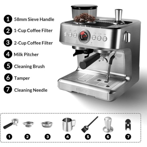 20 Bar Espresso Machine, Espresso Maker with Grinder and Milk Frother Steam Wand, Professional Coffee Machine with 96 Oz Removable Water Tank for Cappuccino Latte, Silver