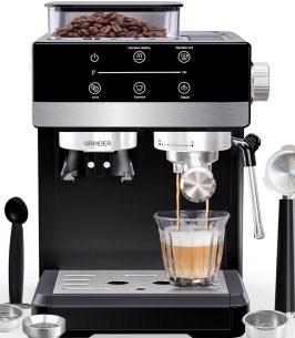 Bluebow Espresso Machine with Grinder, 20Bar Semi-Automatic Coffee Maker with Milk Frother, Professional Cappuccino Latte Machine for Home, Office