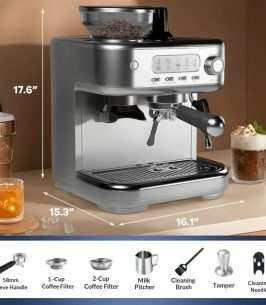 Espresso Machine 15 Bar, LCD Display Espresso Maker with Grinder, Milk Frother and PID Temperature Control, Professional Coffee Maker for Latte Cappuccino - 8.8 Oz Bean Hopper