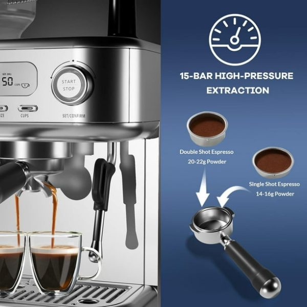 Espresso Machine 15 Bar, LCD Display Espresso Maker with Grinder, Milk Frother and PID Temperature Control, Professional Coffee Maker for Latte Cappuccino - 8.8 Oz Bean Hopper