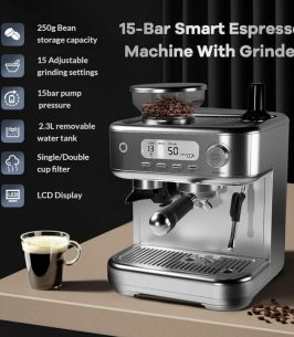 Espresso Machine with Grinder, Professional Coffee and Espresso Maker Combo, Stainless Steel Cafe Espresso Machine with Steam Wand Barista Kit for Cappuccino Latte